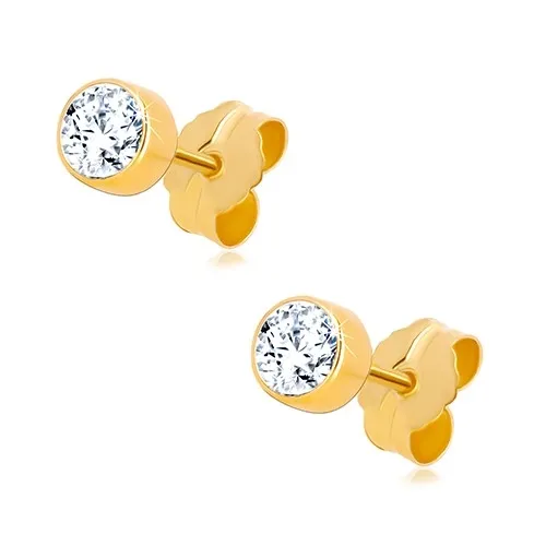 Náušnice zo žltého zlata 585 - číry okrúhly zirkón v objímke, 4 mm