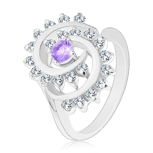 Ligotavý prsteň s ozdobnou špirálou s čírym lemom, svetlofialový zirkón - Veľkosť: 52 mm
