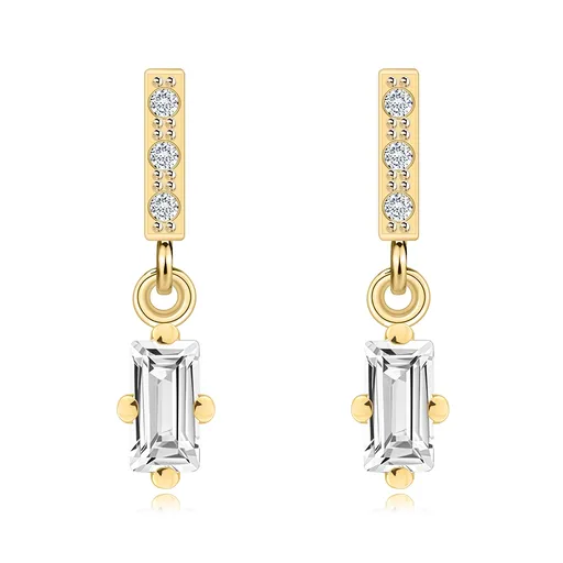 Náušnice v žltom 9K zlate - pásik so zirkónmi, číry zirkónový obdĺžnik