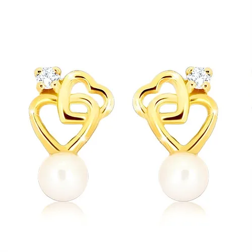 Zlaté náušnice 9K s dvojitým srdcom, zirkónom a kultivovanou perlou