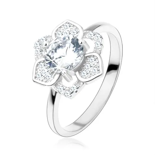 Prsteň, striebro 925, ligotavý kvet, brúsený číry zirkón, hladké ramená - Veľkosť: 48 mm