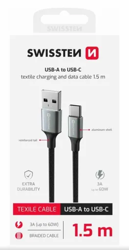 SWISSTEN DÁTOVÝ KÁBEL TEXTILE II USB / USB-C 1,5 M ČIERNY