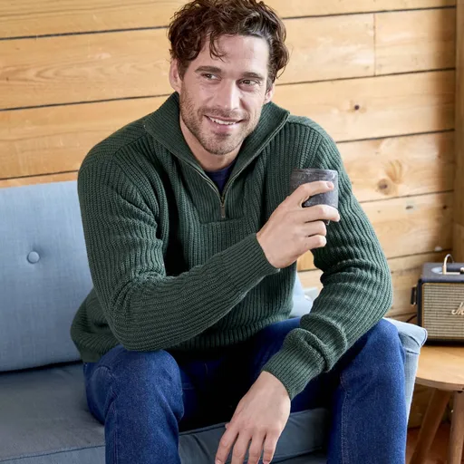 Pulóver z hladkého úpetu so stojačikom na zips a 30 % podielom vlny