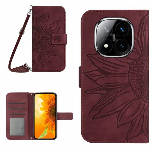 ART SUNFLOWER Peňaženkový obal so šnúrkou pre Xiaomi Redmi Note 14 Pro bordový