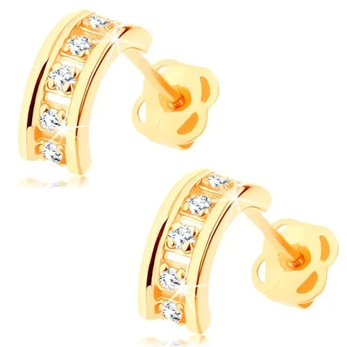 Náušnice zo žltého 14K zlata - polkruhy zdobené čírymi zirkónmi, puzetky