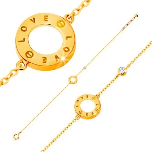 Zlatý náramok 585 - obrys kruhu s nápismi LOVE, zirkón čírej farby
