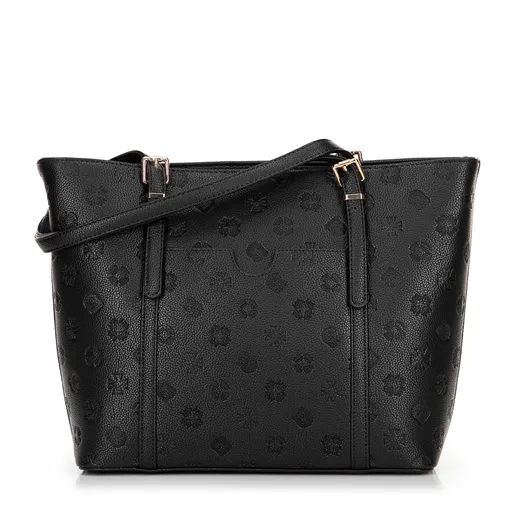 Dámska nákupná kabelka z imitácie kože s reliéfnym podpisom, čierna 101-4Y-P05-1