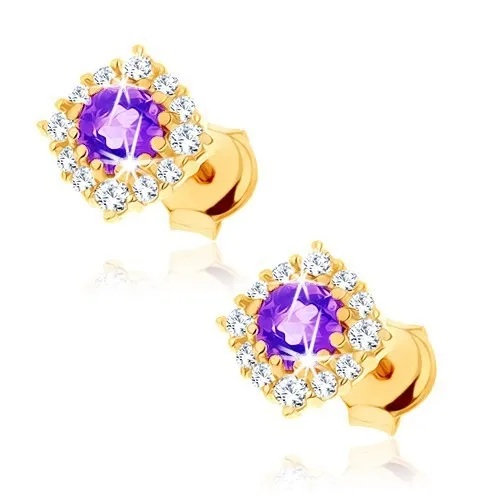 Zlaté náušnice 9K s ametystom a čírymi zirkónmi