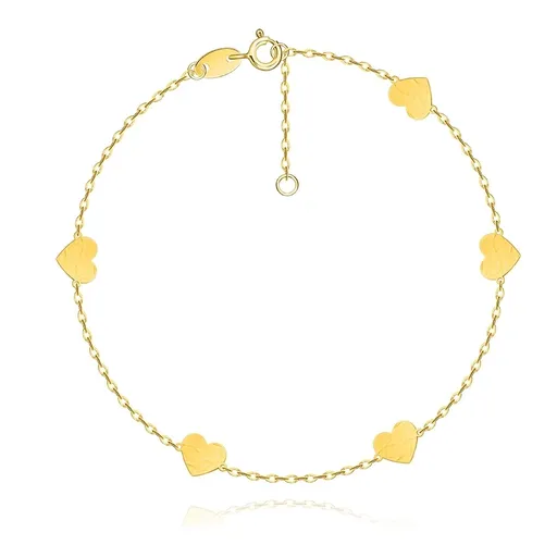 Náramok v žltom 9K zlate - srdcia s jemne tepaným povrchom, oválne očká