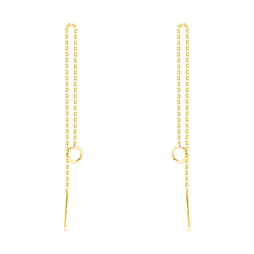 Prevliekacie náušnice zo 14K zlata - krúžok s jemným ryhovaním, retiazka