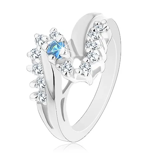 Prsteň v striebornom odtieni, zahnuté ramená, zirkóny čírej a svetlomodrej farby - Veľkosť: 54 mm