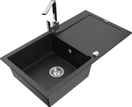 MEXEN/S MEXEN/S - Leo granitový drez 1-miska s odkvapkávačom vrátane batérie Rita, čierny/zlatý metalik 6501-75-670300-00