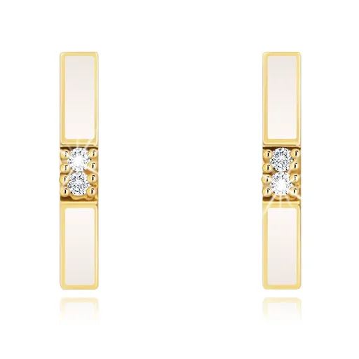 Náušnice v žltom 14K zlate - biely zalomený pásik, dva číre zirkóniky v strede