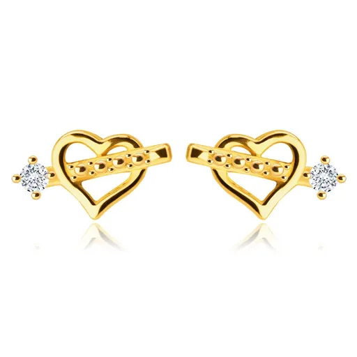 Diamantové náušnice zo 14K žltého zlata - srdiečko so šípom, briliant v kotlíku