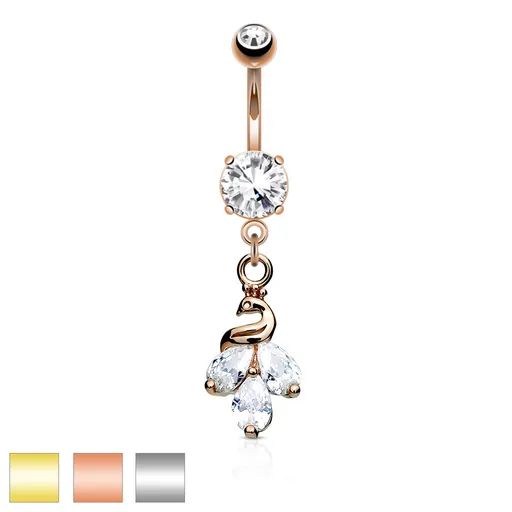 Oceľový piercing do pupka - páv s perím z čírych zirkónov, rôzne farby - Farba: Strieborná