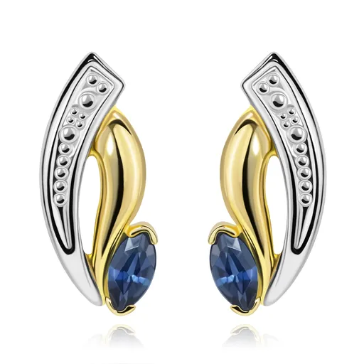 Zlaté náušnice 14K v tvare asymetrického zrnka s modrým zafírom