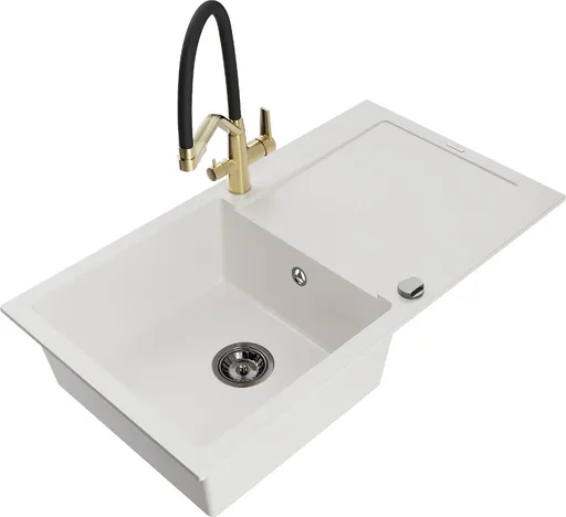 MEXEN/S MEXEN/S - Leo granitový drez 1-miska s odkvapkávačom vrátane batérie Duo, biela 6501-20-671701-57-B