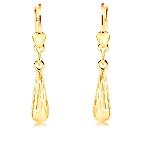 Visiace náušnice v žltom 14K zlate - ligotavá úzka slza s brúseným povrchom