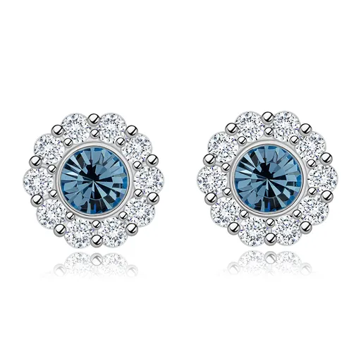 Strieborné 925 náušnice - kvet, aqua modrý krištáľ Swarovski, číre zirkóny