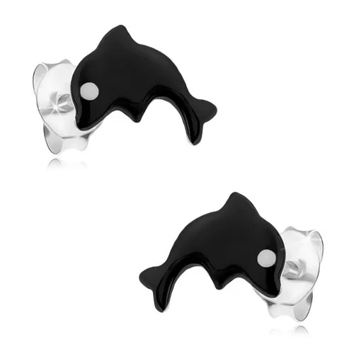 Strieborné 925 náušnice, malý delfín pokrytý čiernou glazúrou, biele očko