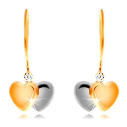 Náušnice zo 14K zlata - dvojfarebné srdiečka a číry zirkón na háčiku