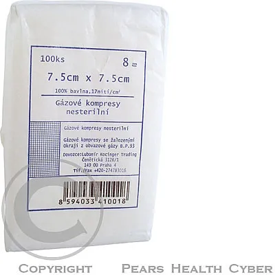 ZSZ Gáza kompresný nesterilné 7.5 x 7.5 cm / 100 ks 8 vrstiev