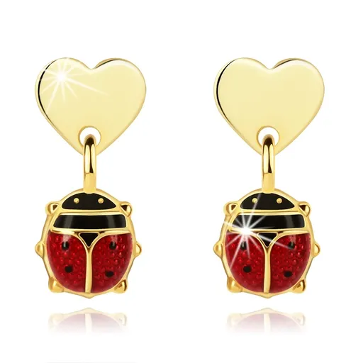 Náušnice v žltom 14K zlate - ploché srdce, drobná lienka s červenými krídlami