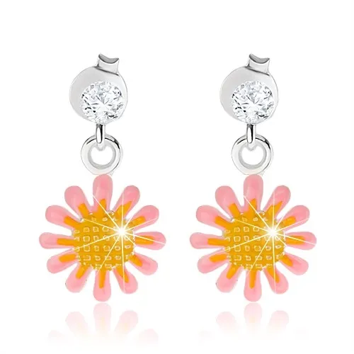 Náušnice zo striebra 925, ružovo-žltý kvet, lesklá glazúra