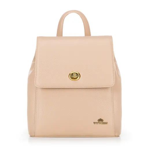 Dámsky kožený ruksak s hranatou klopou béžový 100-4E-225-9