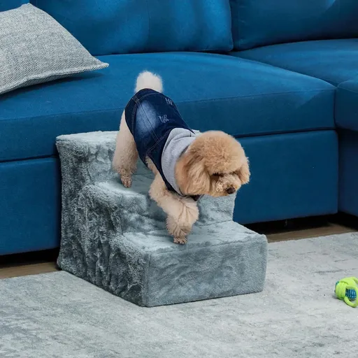 PawHut Schůdky pro psy s plyšovým potahem, třístupňové, šedé