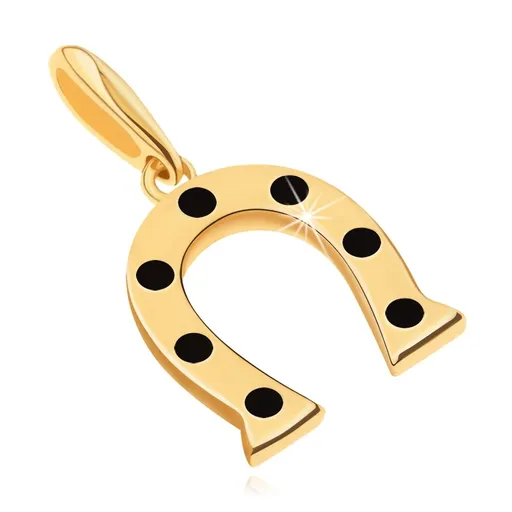 Prívesok v žltom 14K zlate, symbol šťastia - podkovička s čiernymi bodkami