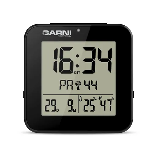 GARNI 138B - digitálny budík s teplomerom a vlhkomerom, čierna