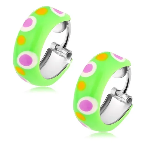 Strieborné náušnice 925, malé obruče, svetlozelená glazúra, farebné bodky