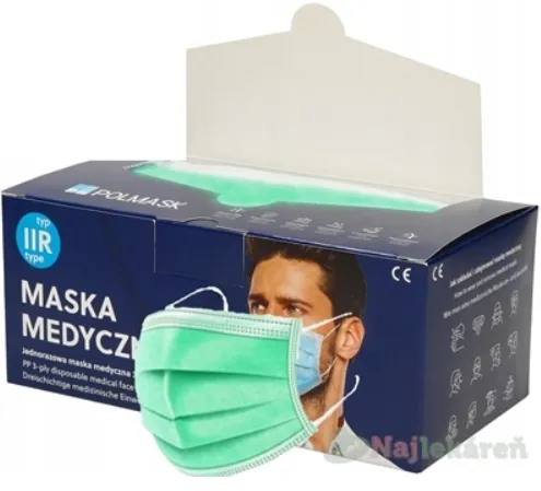 POLMASK Rúško zdravotnícke zelené nesterilné jednorazové typ IIR s gumičkami 50ks