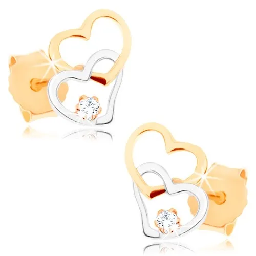 Náušnice z kombinovaného 9K zlata, prepletené srdcia, číry zirkón