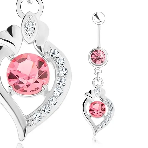 Oceľový piercing do brucha, strieborná farba, ružové zirkóny, obrys zrnka