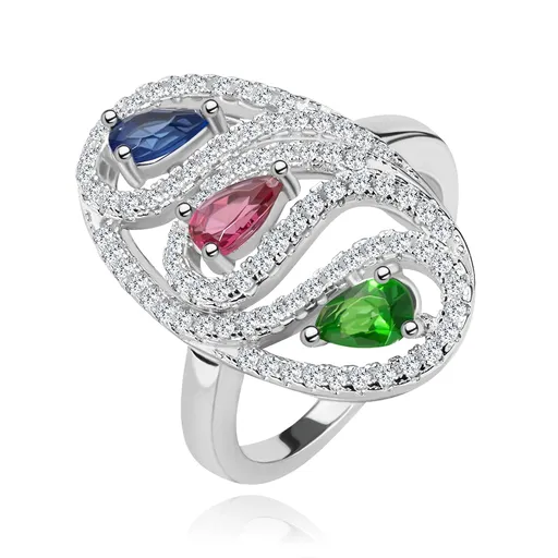 Strieborný prsteň 925, zirkónová oválna kontúra, farebné brúsené kvapky - Veľkosť: 49 mm