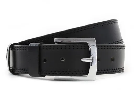 Čierny kožený pánsky opasok s dvojitým šitím do 140 cm.