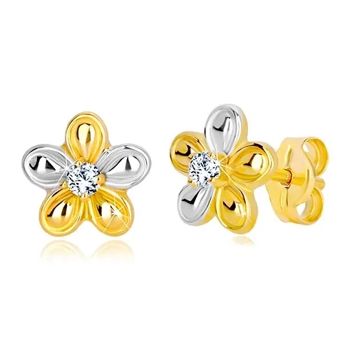 Puzetové náušnice v 14K zlate - dvojfarebný kvet so zirkónom čírej farby