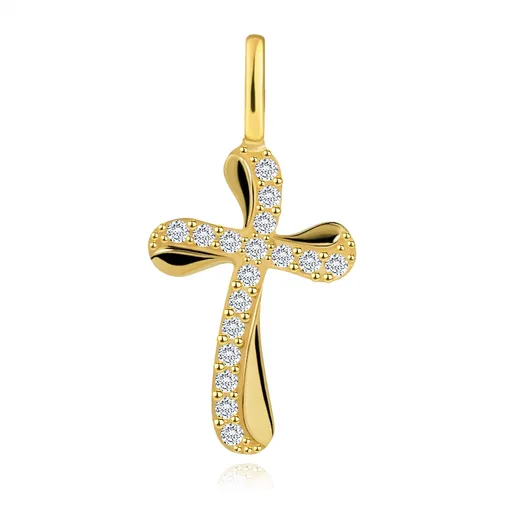 Zlatý prívesok 585 - krížik so zvlnenými ramenami, zdobený čírymi zirkónmi