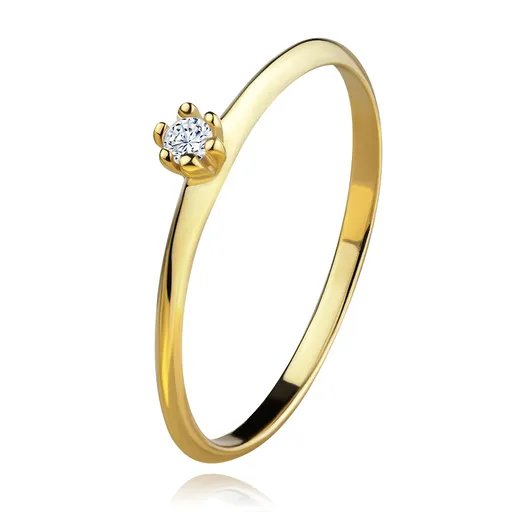 Prsteň v žltom 14K zlate - okrúhly číry diamant, tenké skosené ramená - Veľkosť: 48 mm