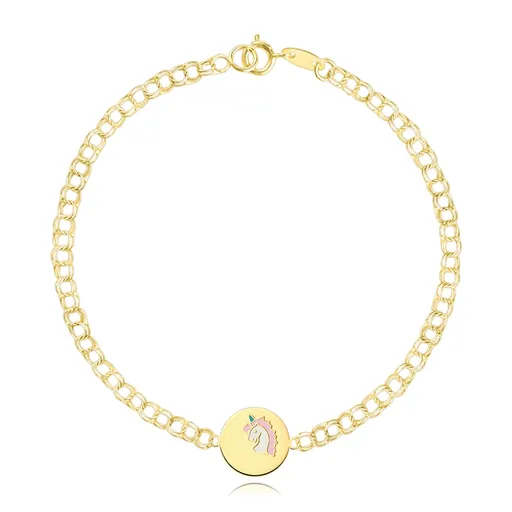 Detský náramok v žltom zlate 375 - dvojité očká, plochý kruh s jednorožcom