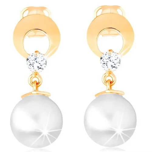 Zlaté náušnice 585 - kruh s výrezom a čírym diamantom, visiaca biela perla