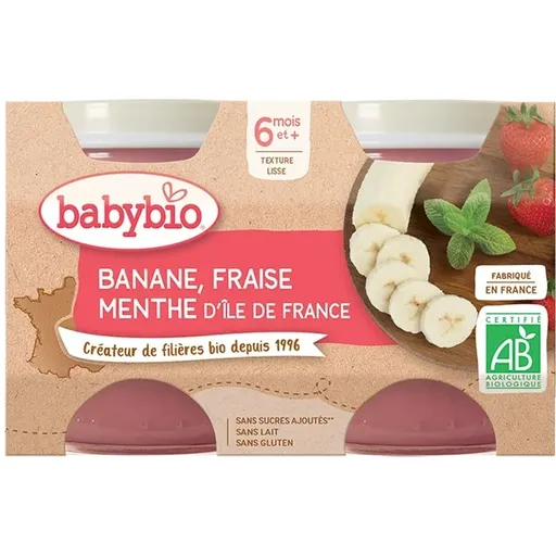 BABYBIO Jablko banán a jahody s mätou 2 x 130 g