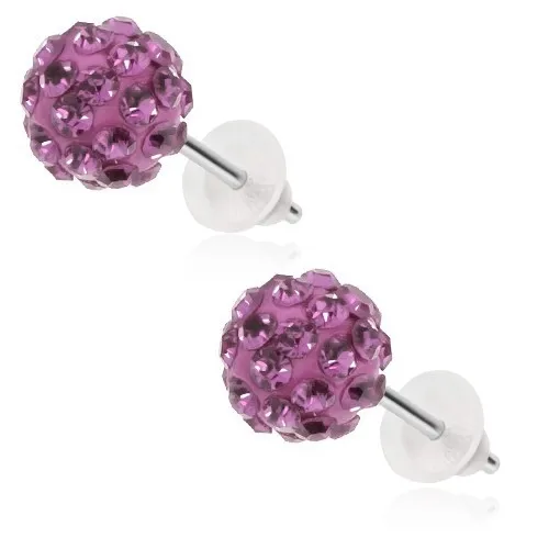 Náušnice z ocele 316L, fialové guličky vykladané ligotavými zirkónmi, 8 mm