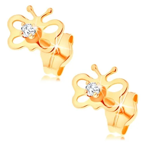 Náušnice zo žltého 14K zlata - lesklý motýľ s výrezmi, zirkón čírej farby