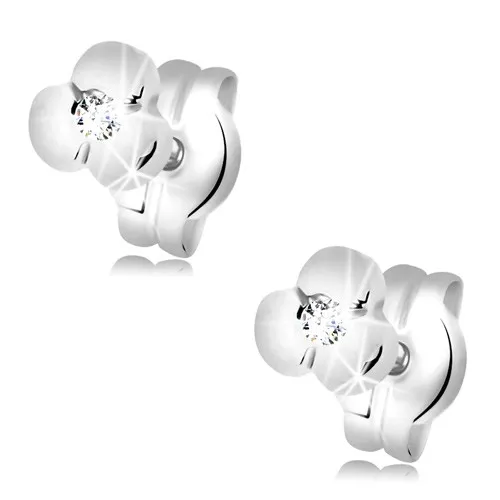 Zlaté náušnice 585 - lesklý kvietok s čírym zirkónom v strede, biele zlato