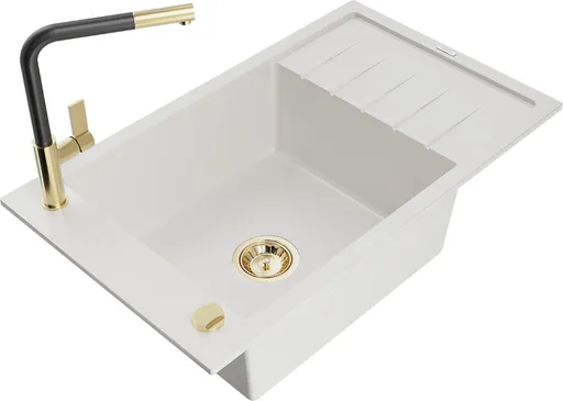 MEXEN/S MEXEN/S - Elias granitový drez 1 s odkvapkávačom vrátane batérie Flora, biela 6511-20-670401-57-G