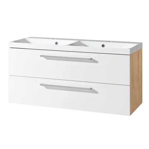 Mereo Bino, kúpeľňová skrinka s umývadlom z liateho mramoru 121 cm, biela/dub CN673M