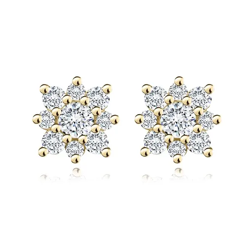 Náušnice zo žltého zlata 585 - kvetina z čírych zirkónov, puzetky